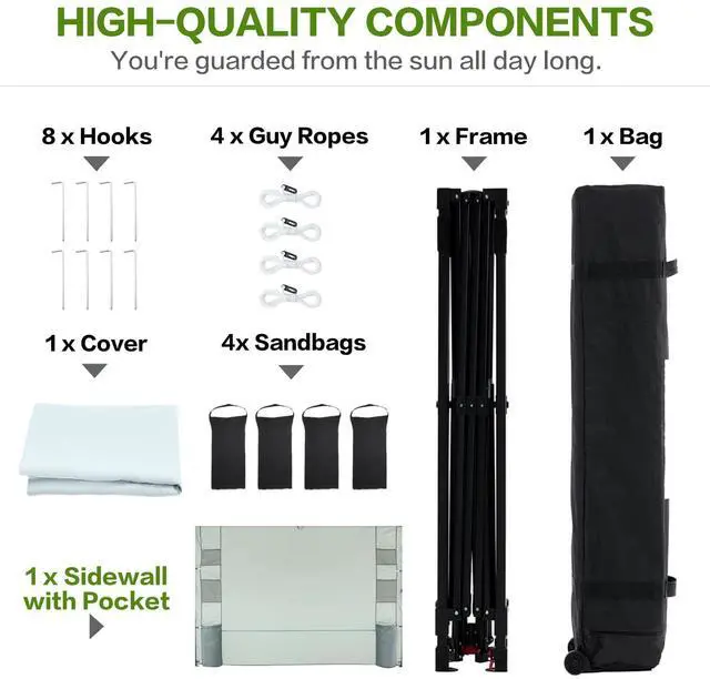 Alt view image 6 of 6 - 10'x10' Pop Up Canopy Tent with 1 Sidewall and 6 Pockets, One Push Setup, Instant Shade Tent with Vented Roof for Beach Patio Outdoor, Case, 8 Stakes, 4 Ropes, 4 Sandbags (White)