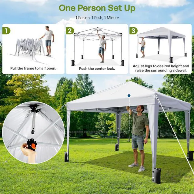 Alt view image 2 of 7 - 10x10 Pop Up Canopy with Sidewalls, Outdoor Instant Canopy Tent with Carry Bag for Commercial Events, Camping, Backyard Parties - White