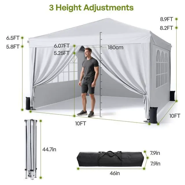 Alt view image 4 of 7 - 10x10 Pop Up Canopy with Sidewalls, Outdoor Instant Canopy Tent with Carry Bag for Commercial Events, Camping, Backyard Parties - White