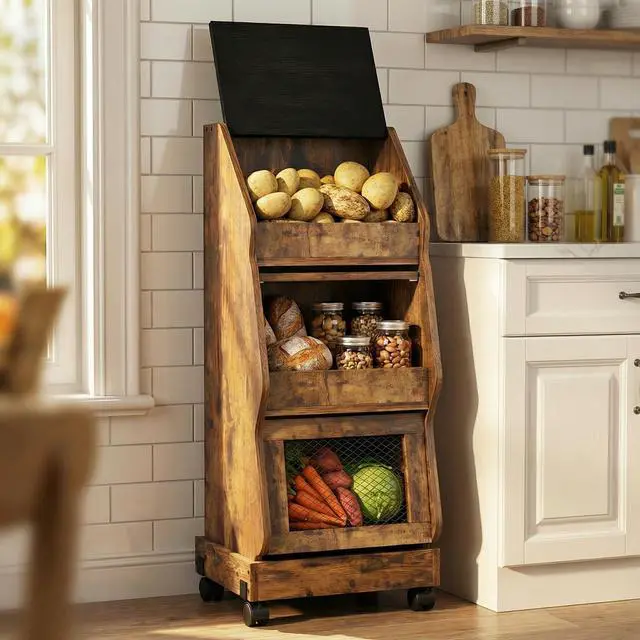 Main image of Potato and Onion Storage Bin Rustic Movable Bread Box with Wheels