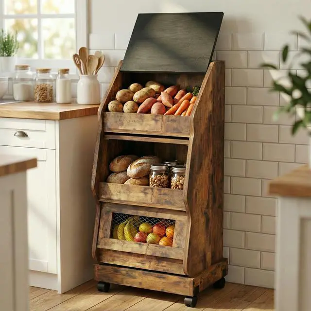 Alt view image 4 of 7 - Potato and Onion Storage Bin Rustic Movable Bread Box with Wheels