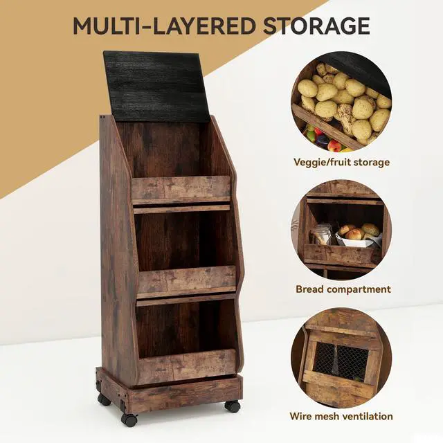 Alt view image 5 of 7 - Potato and Onion Storage Bin Rustic Movable Bread Box with Wheels