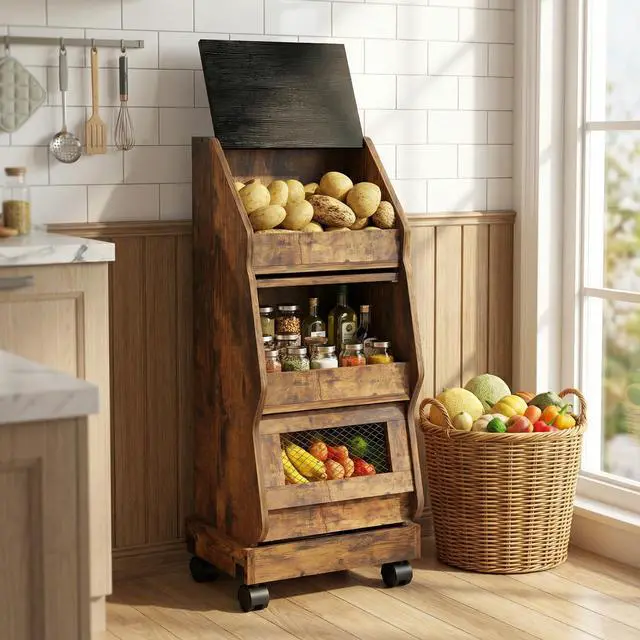 Alt view image 3 of 7 - Potato and Onion Storage Bin Rustic Movable Bread Box with Wheels