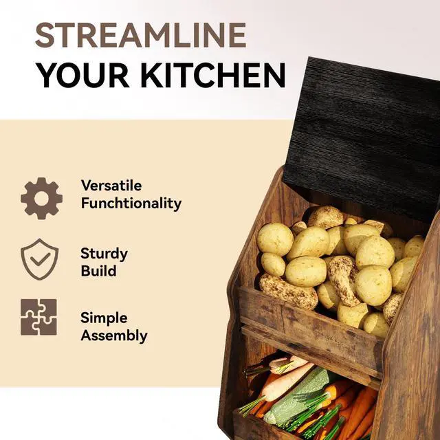 Alt view image 6 of 7 - Potato and Onion Storage Bin Rustic Movable Bread Box with Wheels