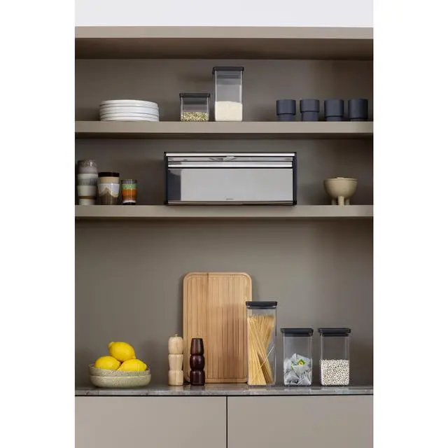Alt view image 3 of 3 - Rectangular Fall Front Bread Box | Brilliant Steel | Large Metal Front Opening Bread Store for Kitchen Countertop | Flat Top for Extra Storage, Magnet Closing Lid | Fits 2 Loaves