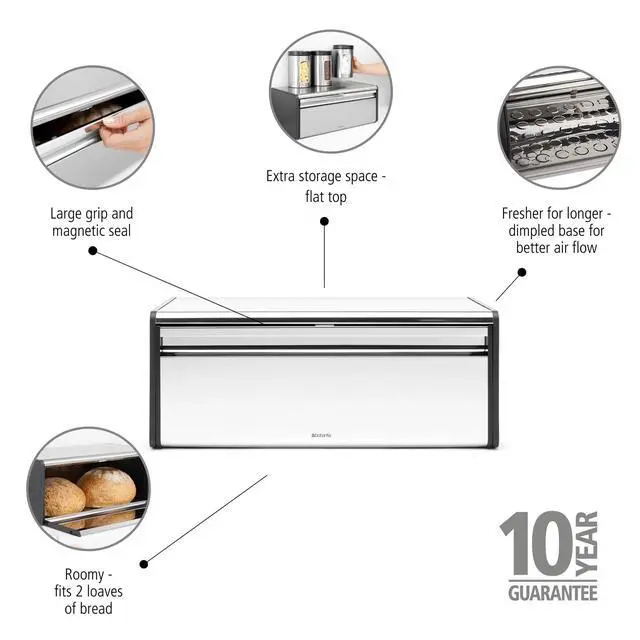 Alt view image 2 of 3 - Rectangular Fall Front Bread Box | Brilliant Steel | Large Metal Front Opening Bread Store for Kitchen Countertop | Flat Top for Extra Storage, Magnet Closing Lid | Fits 2 Loaves