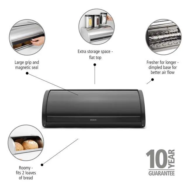 Alt view image 2 of 4 - Roll Top Bread Box | Large | Matt Black | Metal Front Opening Bread Store for Kitchen Countertop | Partly Flat Top for Extra Storage, Magnet Closing Lid | Fits 2 Loaves