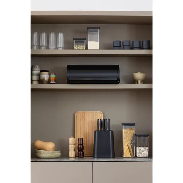 Alt view image 4 of 4 - Roll Top Bread Box | Large | Matt Black | Metal Front Opening Bread Store for Kitchen Countertop | Partly Flat Top for Extra Storage, Magnet Closing Lid | Fits 2 Loaves