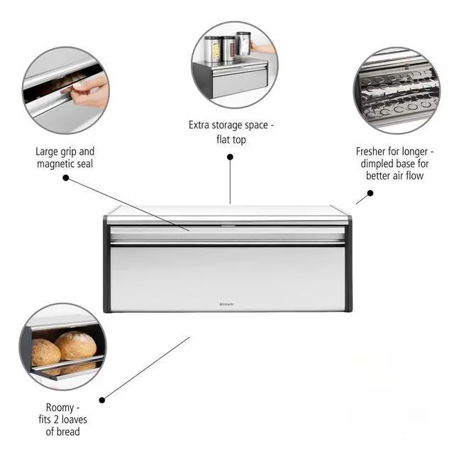 Alt view image 2 of 7 - Rectangular Fall Front Bread Box | Matt Steel | Large Metal Front Opening Bread Store for Kitchen Countertop | Flat Top for Extra Storage, Magnet Closing Lid | Fits 2 Loaves