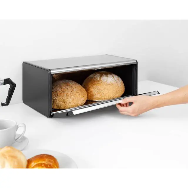 Alt view image 5 of 7 - Rectangular Fall Front Bread Box | Matt Steel | Large Metal Front Opening Bread Store for Kitchen Countertop | Flat Top for Extra Storage, Magnet Closing Lid | Fits 2 Loaves