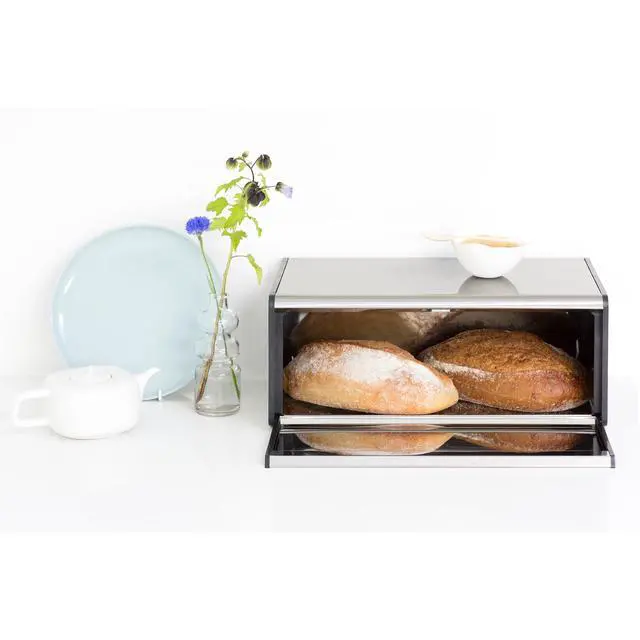 Alt view image 7 of 7 - Rectangular Fall Front Bread Box | Matt Steel | Large Metal Front Opening Bread Store for Kitchen Countertop | Flat Top for Extra Storage, Magnet Closing Lid | Fits 2 Loaves