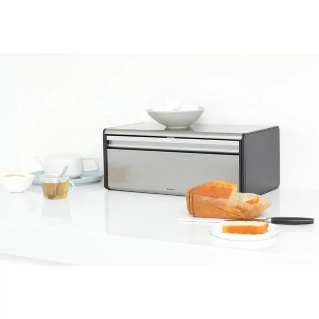 Alt view image 6 of 7 - Rectangular Fall Front Bread Box | Matt Steel | Large Metal Front Opening Bread Store for Kitchen Countertop | Flat Top for Extra Storage, Magnet Closing Lid | Fits 2 Loaves