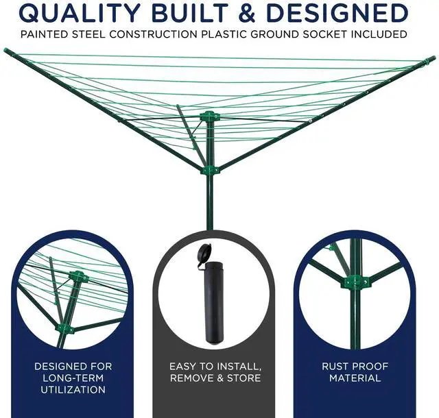 Alt view image 3 of 4 - 91 FT Outdoor Umbrella Clothesline - Green Painted Steel Rotary Clothesline Line with Ground Socket for Outdoor Laundry Drying, Hanging Clothes, Sheets & Towels