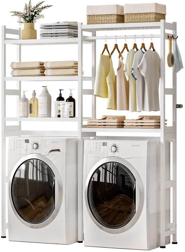 Main image of Over The Washer and Dryer Storage Shelf Bamboo,5 Tiers Laundry Room Drying Rack with Adjustable Shelves and 4 Hooks,Space Saver Organizer for Hanging Clothes and Towels (White)