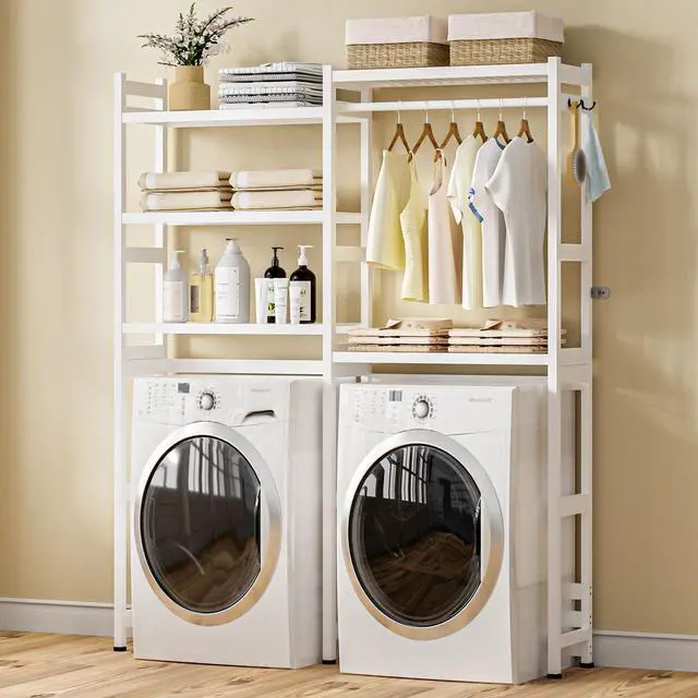 Alt view image 2 of 7 - Over The Washer and Dryer Storage Shelf Bamboo,5 Tiers Laundry Room Drying Rack with Adjustable Shelves and 4 Hooks,Space Saver Organizer for Hanging Clothes and Towels (White)