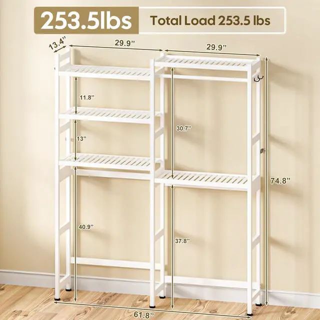 Alt view image 3 of 7 - Over The Washer and Dryer Storage Shelf Bamboo,5 Tiers Laundry Room Drying Rack with Adjustable Shelves and 4 Hooks,Space Saver Organizer for Hanging Clothes and Towels (White)
