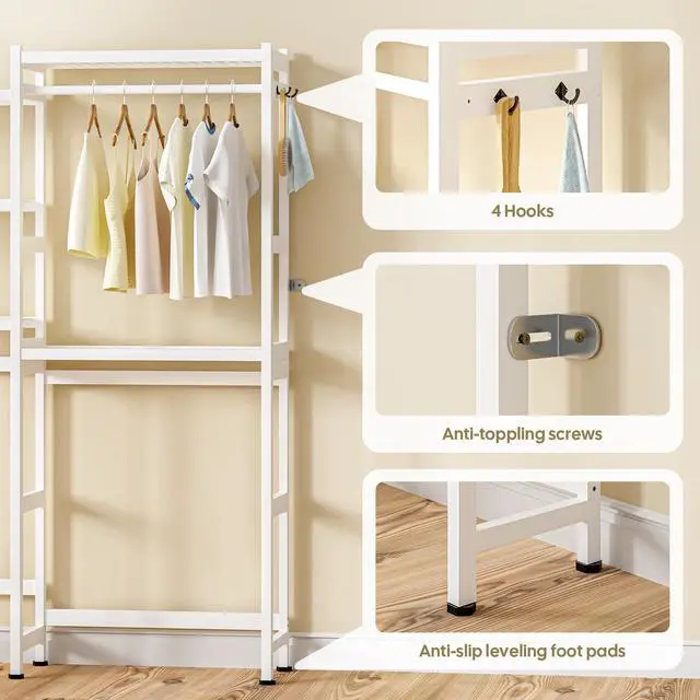 Alt view image 4 of 7 - Over The Washer and Dryer Storage Shelf Bamboo,5 Tiers Laundry Room Drying Rack with Adjustable Shelves and 4 Hooks,Space Saver Organizer for Hanging Clothes and Towels (White)