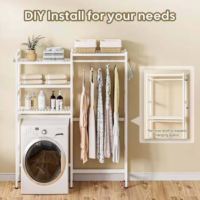 Alt view image 6 of 7 - Over The Washer and Dryer Storage Shelf Bamboo,5 Tiers Laundry Room Drying Rack with Adjustable Shelves and 4 Hooks,Space Saver Organizer for Hanging Clothes and Towels (White)