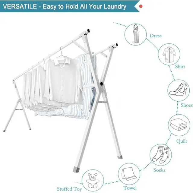 Alt view image 2 of 5 - 95 Inches Clothes Drying Rack, Drying Rack Clothing Folding Indoor Outdoor, Heavy Duty Stainless Steel Laundry Drying Rack, Foldable Portable Clothes Rack Garment Rack with 20 Hooks White