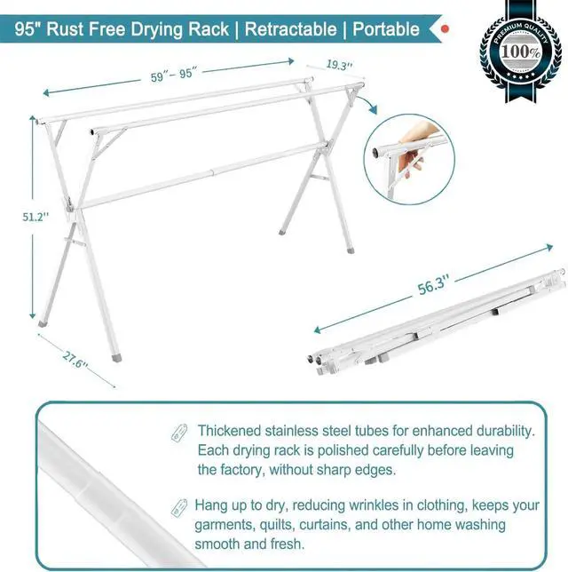 Alt view image 3 of 5 - 95 Inches Clothes Drying Rack, Drying Rack Clothing Folding Indoor Outdoor, Heavy Duty Stainless Steel Laundry Drying Rack, Foldable Portable Clothes Rack Garment Rack with 20 Hooks White
