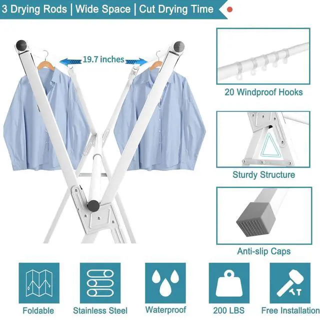 Alt view image 4 of 5 - 95 Inches Clothes Drying Rack, Drying Rack Clothing Folding Indoor Outdoor, Heavy Duty Stainless Steel Laundry Drying Rack, Foldable Portable Clothes Rack Garment Rack with 20 Hooks White