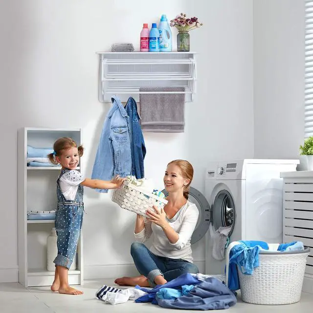 Alt view image 2 of 6 - Accordion Clothes Drying Rack, Retractable, Wall Mounted Towel Rack and Hooks for Clothes and Towels for use in Laundry Room or Garage - White