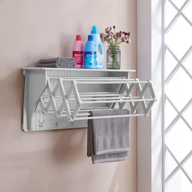 Alt view image 3 of 6 - Accordion Clothes Drying Rack, Retractable, Wall Mounted Towel Rack and Hooks for Clothes and Towels for use in Laundry Room or Garage - White