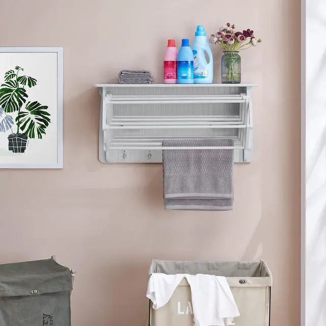 Alt view image 5 of 6 - Accordion Clothes Drying Rack, Retractable, Wall Mounted Towel Rack and Hooks for Clothes and Towels for use in Laundry Room or Garage - White