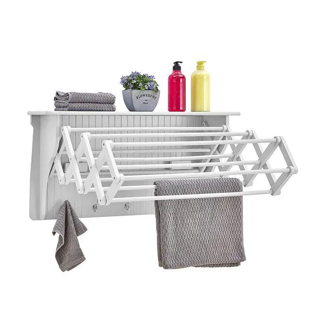 Alt view image 4 of 6 - Accordion Clothes Drying Rack, Retractable, Wall Mounted Towel Rack and Hooks for Clothes and Towels for use in Laundry Room or Garage - White
