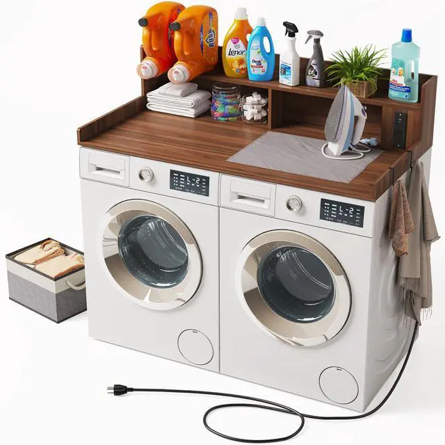 Main image of Upgraded 2-Tier Washer and Dryer Countertop with Power Outlet,54" W x 27.6" D Large Laundry Countertop for Fold Clothes, Laundry Topper with Non-Slip Pads & Metal Hooks and Storage Basket