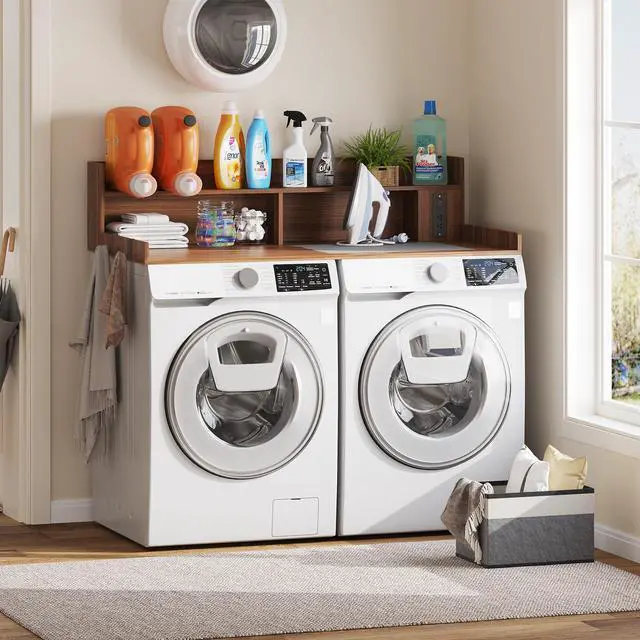 Alt view image 2 of 7 - Upgraded 2-Tier Washer and Dryer Countertop with Power Outlet,54" W x 27.6" D Large Laundry Countertop for Fold Clothes, Laundry Topper with Non-Slip Pads & Metal Hooks and Storage Basket