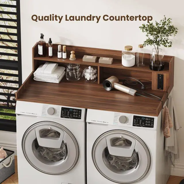 Alt view image 5 of 7 - Upgraded 2-Tier Washer and Dryer Countertop with Power Outlet,54" W x 27.6" D Large Laundry Countertop for Fold Clothes, Laundry Topper with Non-Slip Pads & Metal Hooks and Storage Basket