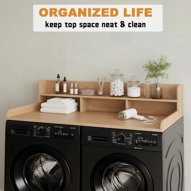 Alt view image 2 of 7 - Washer Dryer Countertop with Shelf, 2-Tier Laundry Countertop Over Washer and Dryer, 54" x 27.55" Wooden Table for Folding Clothes for Laundry Room Organization and Storage (Oak)