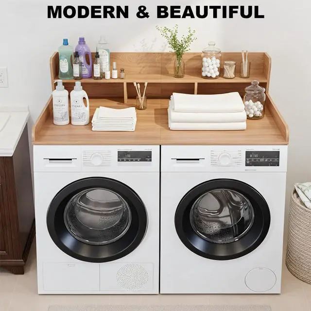 Alt view image 7 of 7 - Washer Dryer Countertop with Shelf, 2-Tier Laundry Countertop Over Washer and Dryer, 54" x 27.55" Wooden Table for Folding Clothes for Laundry Room Organization and Storage (Oak)