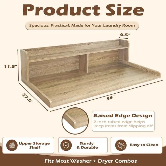 Alt view image 3 of 6 - Laundry Countertop with 2-Tier Shelf Universal Fit, Washer and Dryer Countertop with Storage Space, Shelf Height 11.5 Inches, Solid Wood Core, White Oak