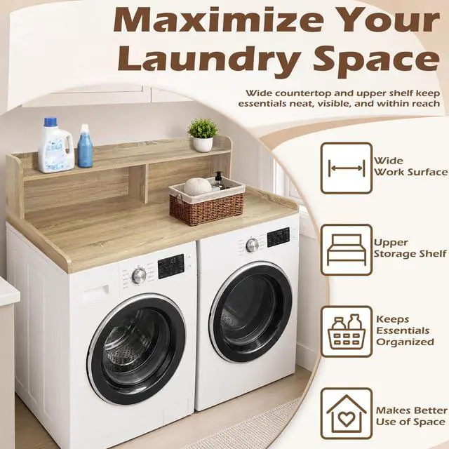 Alt view image 2 of 6 - Laundry Countertop with 2-Tier Shelf Universal Fit, Washer and Dryer Countertop with Storage Space, Shelf Height 11.5 Inches, Solid Wood Core, White Oak