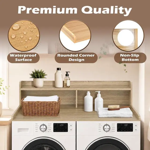 Alt view image 4 of 6 - Laundry Countertop with 2-Tier Shelf Universal Fit, Washer and Dryer Countertop with Storage Space, Shelf Height 11.5 Inches, Solid Wood Core, White Oak