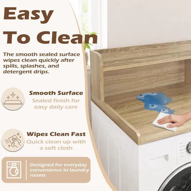 Alt view image 5 of 6 - Laundry Countertop with 2-Tier Shelf Universal Fit, Washer and Dryer Countertop with Storage Space, Shelf Height 11.5 Inches, Solid Wood Core, White Oak