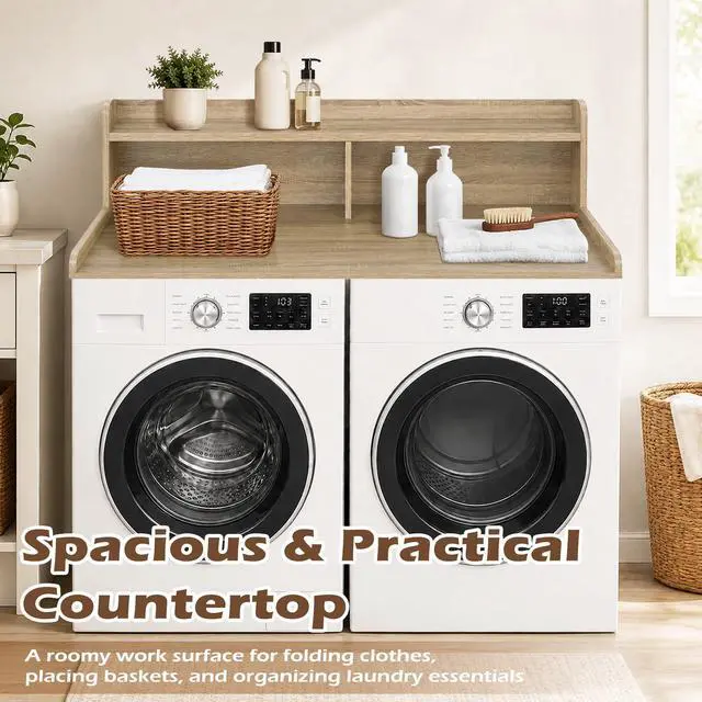 Alt view image 6 of 6 - Laundry Countertop with 2-Tier Shelf Universal Fit, Washer and Dryer Countertop with Storage Space, Shelf Height 11.5 Inches, Solid Wood Core, White Oak