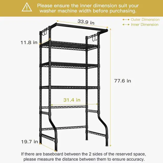 Alt view image 3 of 7 - U11 Over Washer and Dryer Shelves, 3 Tiers Laundry Room Storage and Organizer Standing Shelf, Metal Freestanding Clothes Drying Rack, 33.9" W x 19.7" D x 77.6" H, Black