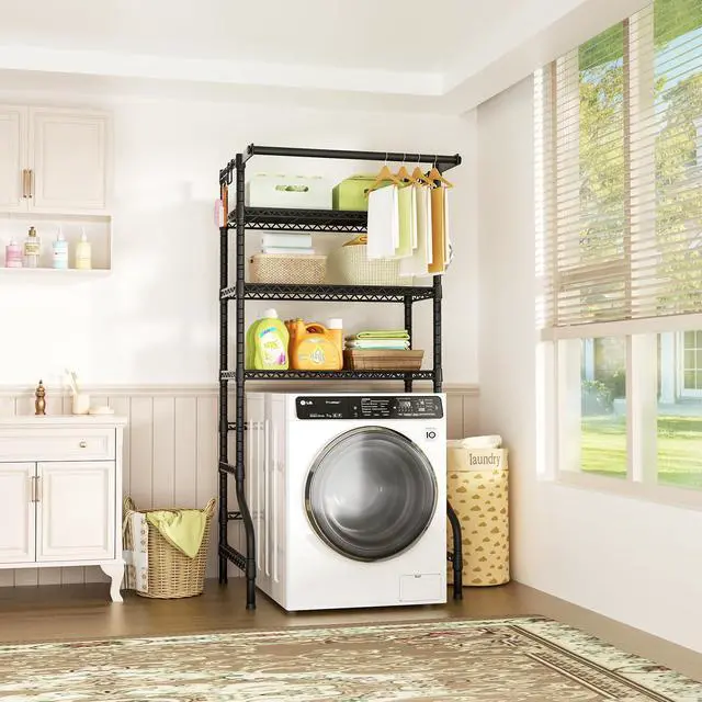 Alt view image 2 of 7 - U11 Over Washer and Dryer Shelves, 3 Tiers Laundry Room Storage and Organizer Standing Shelf, Metal Freestanding Clothes Drying Rack, 33.9" W x 19.7" D x 77.6" H, Black