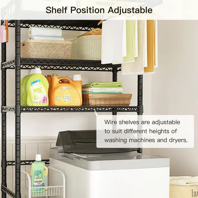 Alt view image 4 of 7 - U11 Over Washer and Dryer Shelves, 3 Tiers Laundry Room Storage and Organizer Standing Shelf, Metal Freestanding Clothes Drying Rack, 33.9" W x 19.7" D x 77.6" H, Black