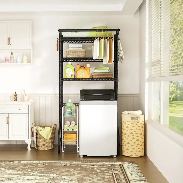Alt view image 5 of 7 - U11 Over Washer and Dryer Shelves, 3 Tiers Laundry Room Storage and Organizer Standing Shelf, Metal Freestanding Clothes Drying Rack, 33.9" W x 19.7" D x 77.6" H, Black
