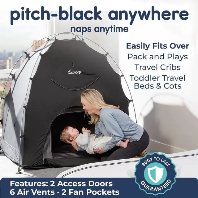 Alt view image 2 of 6 - Daydreamer Blackout Tent for Pack and Play, Original Patented 2-Door Sleep Pod for Kids & Babies, Blocks 98% of Light for Better Sleep Anywhere, Black