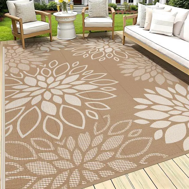 Main image of Waterproof Outdoor Rug 8x10 for Patios, Floral Reversible Plastic Straw Rug Patio Mat, Indoor Outdoor Carpet RV Mat Camping Rug for Deck, Camper, Porch, Balcony, Backyard, Picnic