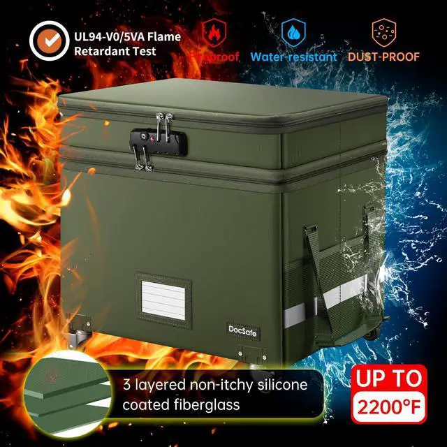 Alt view image 4 of 7 - File Box with Lock,2-Layer Fireproof Document Box with Wheels,Collapsible Rolling File Storage Organizer with Pockets,Large Portable Home Office Filing Cabinet Safe for Hanging Folders,Green
