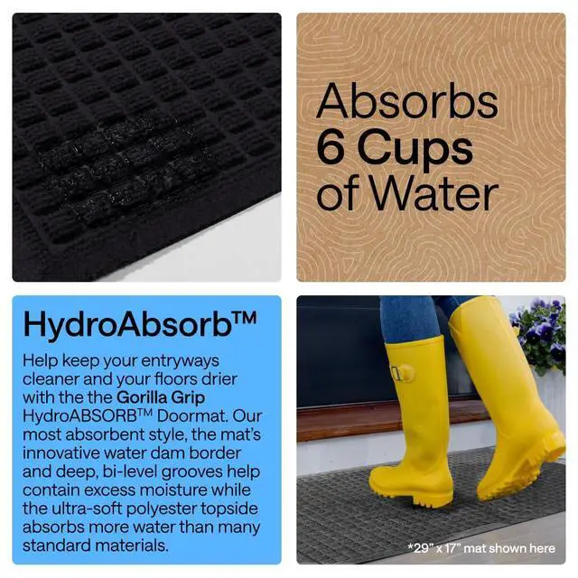 Alt view image 2 of 7 - Ultra Absorbent Front Door Mat Outside Entrance, 47x35, Traps Dirt and Moisture, HydroABSORB Indoor Outdoor Doormat Holds Up to 6 Cups Water, Stain and Fade Resistant Welcome Mat, Black