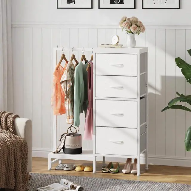 Alt view image 2 of 7 - Tall Dresser 44''H with Hanging Rack, 4 Drawers Small Closet Dresser for Bedroom, Reversible Fabric Chest of Drawers with Clothes Rack, Tall Storage Tower, Sturdy Frame, White