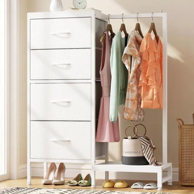 Main image of Tall Dresser 44''H with Hanging Rack, 4 Drawers Small Closet Dresser for Bedroom, Reversible Fabric Chest of Drawers with Clothes Rack, Tall Storage Tower, Sturdy Frame, White