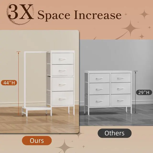 Alt view image 3 of 7 - Tall Dresser 44''H with Hanging Rack, 4 Drawers Small Closet Dresser for Bedroom, Reversible Fabric Chest of Drawers with Clothes Rack, Tall Storage Tower, Sturdy Frame, White
